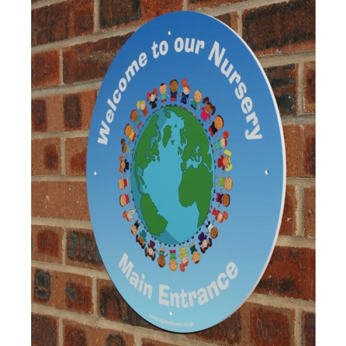 Circular Nursery Blue Welcome Wall Sign | School Signs, Nursery Signs ...